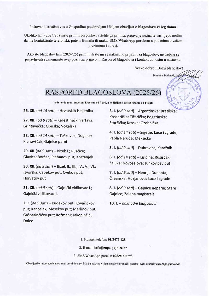 RASPORED BLAGOSLOVA OBITELJI I DOMOVA (2025./26)