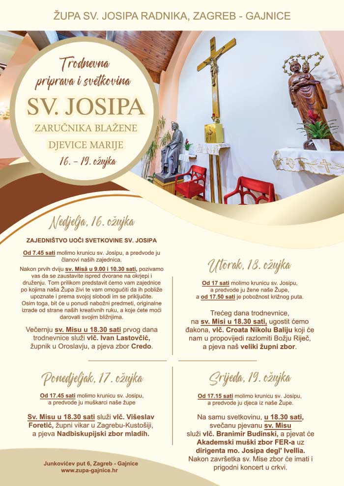 TRODNEVNA PRIPRAVA I SVETKOVINA SV. JOSIPA, ZARUČNIKA BLAŽENE DJEVICE MARIJE, 16. - 19. ožujka 2025.